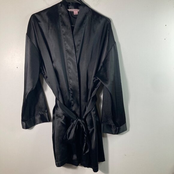 Womens Vintage 90s Victorias Secret Satin Robe Short Black OS Polyester 1/2 Slee - Picture 1 of 12